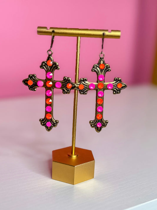 PINK AND ORANGE CROSS BRONZE EARRINGS