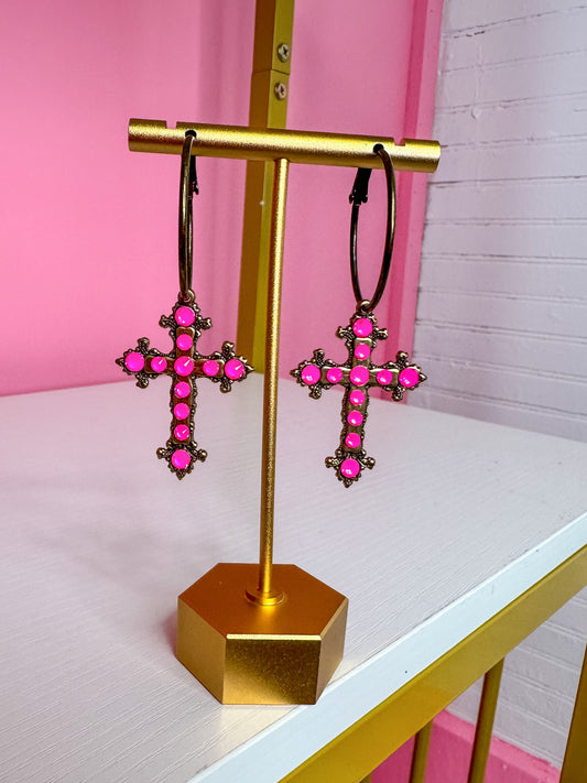 PINK BRONZE CROSS EARRINGS