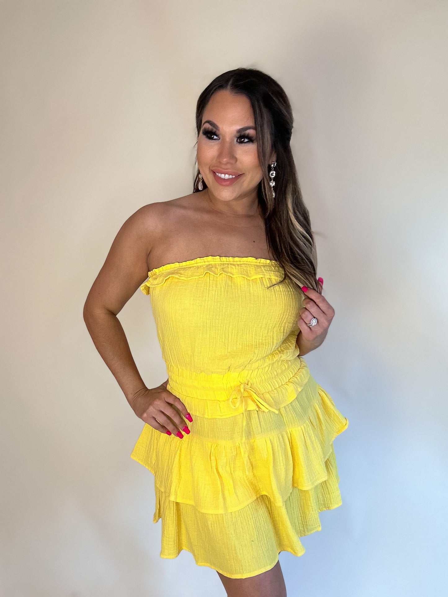 PICTURE PERFECT YELLOW TIERED DRESS