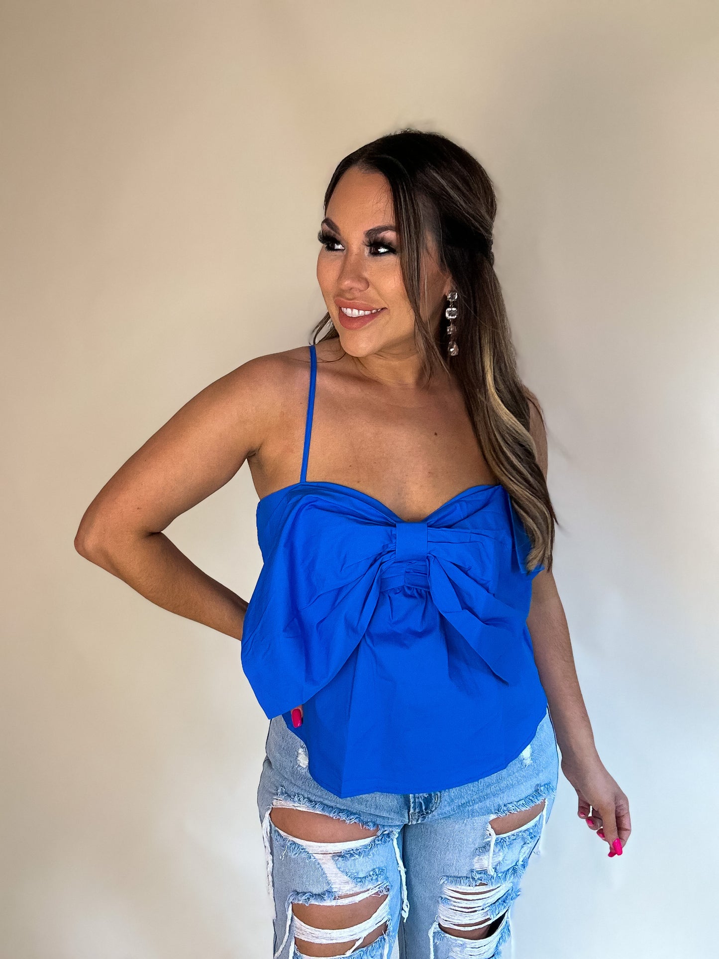 GIVE IT ALL TO YOU BLUE FRONT BOW KNIT TOP