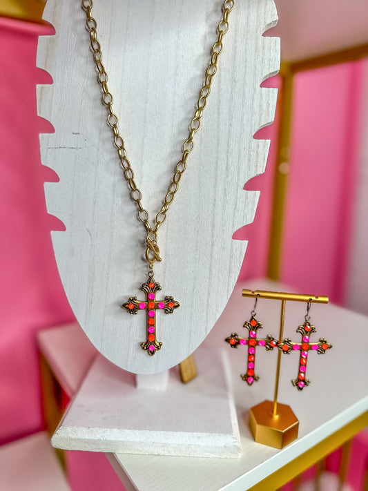 PINK AND ORANGE CROSS BRONZE NECKLACE