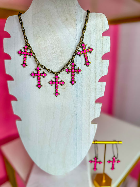 PINK BRONZE MULTICROSS NECKLACE