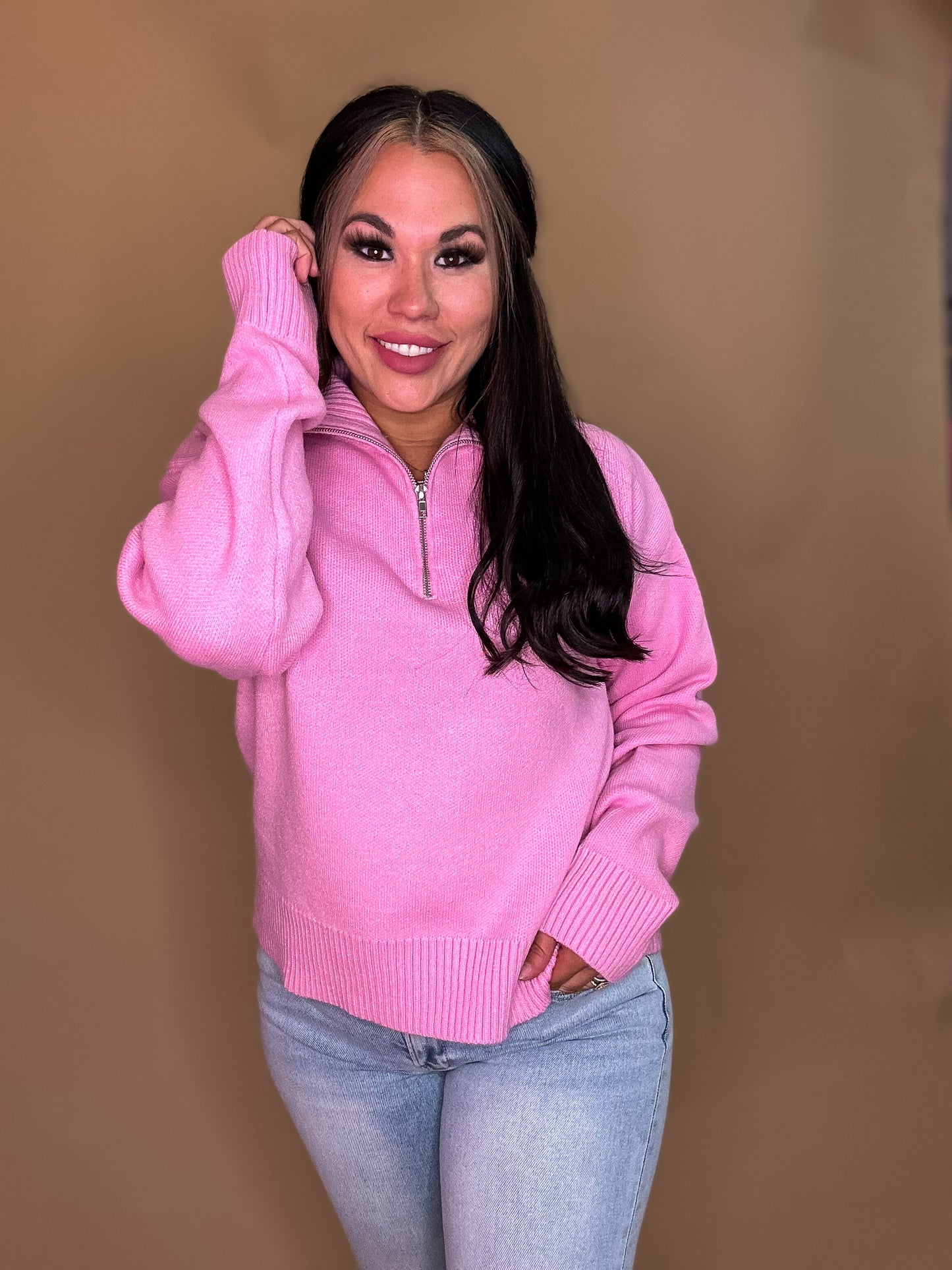 ON MY MIND HALF ZIP PINK SWEATER