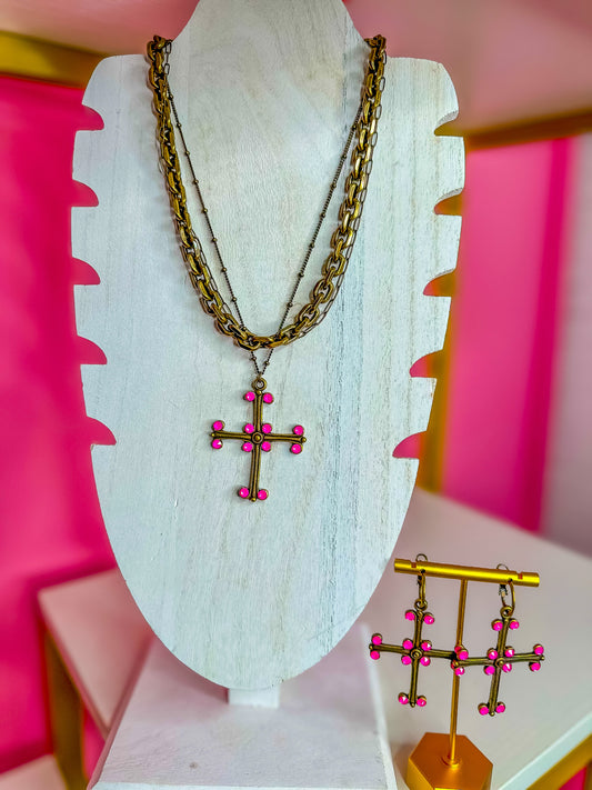 PINK BRONZE CROSS NECKLACE