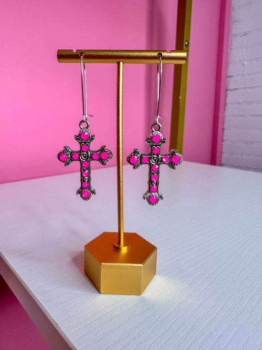 PINK SILVER CROSS EARRINGS