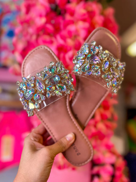 DARK MAUVE RHINESTONE FLAT SANDALS