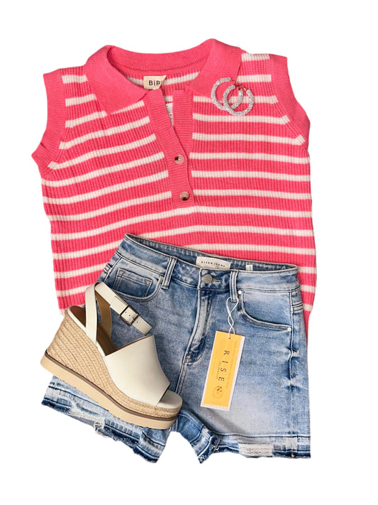 ALL OUR TIME SPENT PINK AND IVORY STRIPED COLLARED SWEATER VEST