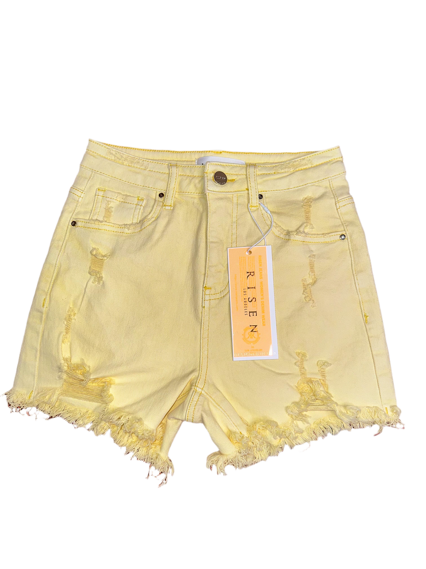 PALE YELLOW HIGH RISE DISTRESSED DETAILD SHORTS - 6099