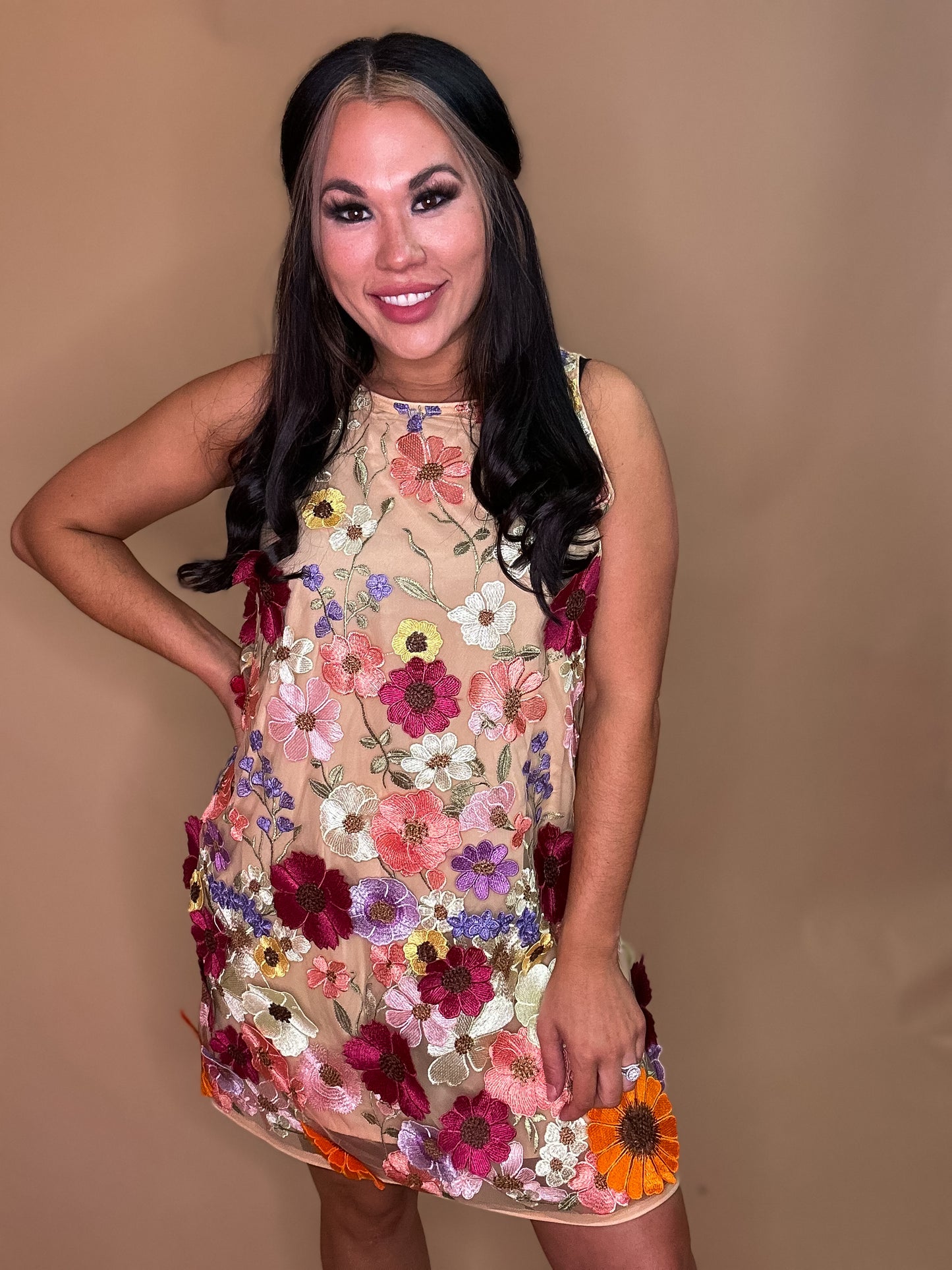 WHERE IT BEGINS 3D FLORAL EMBROIDERED DRESS