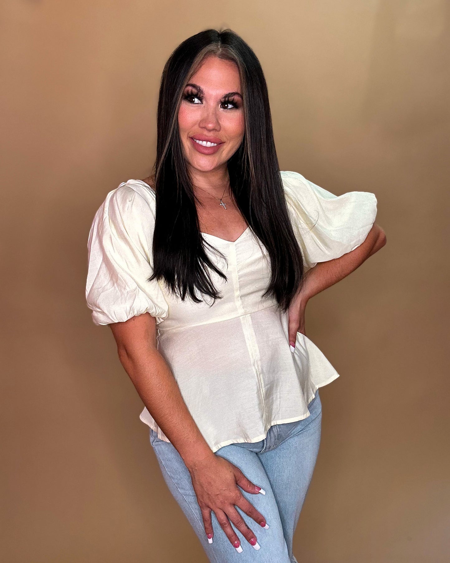 EVER SO GENTLY SCALLOPED CREAM PEPLUM TOP