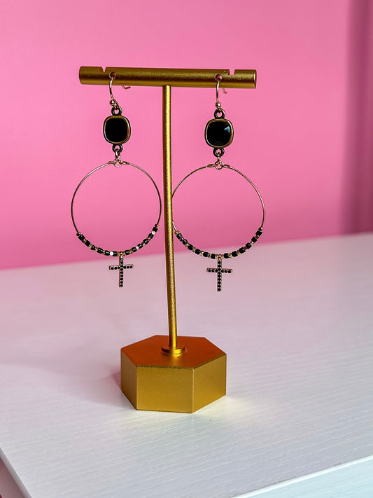 BLACK CROSS DANGLE EARRINGS