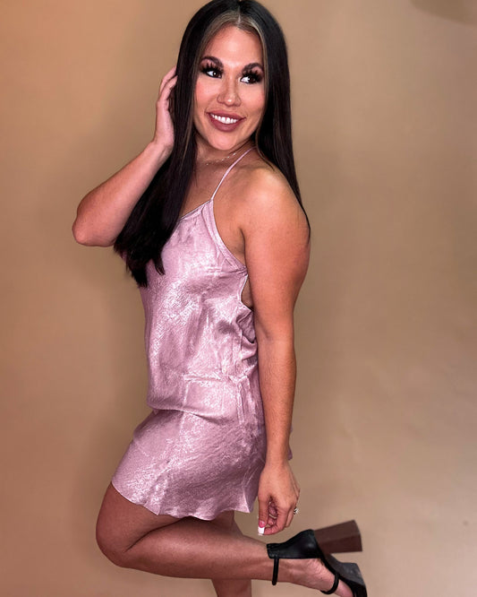 BLISSFUL NIGHTS METALLIC PINK DRESS