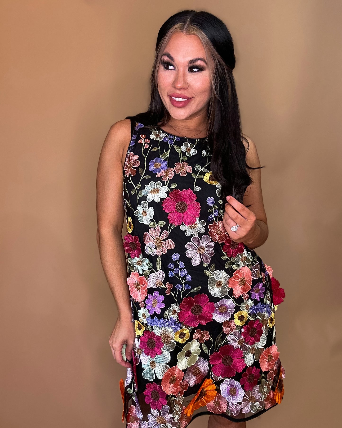 WHERE IT BEGINS 3D FLORAL EMBROIDERED DRESS