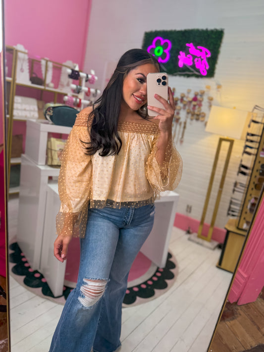 THIS IS IT TAUPE OFF SHOULDER TOP