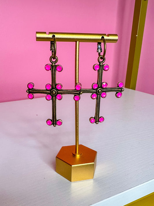 PINK BRONZE CROSS EARRINGS